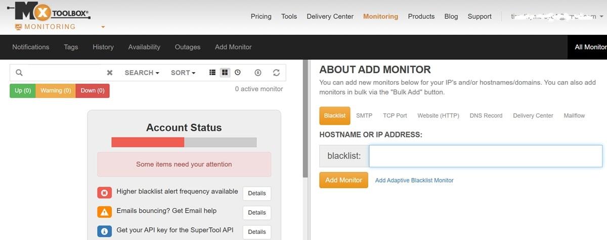 MxToolbox domain health and email diagnostic tools interface showing blacklist monitoring and delivery performance reports